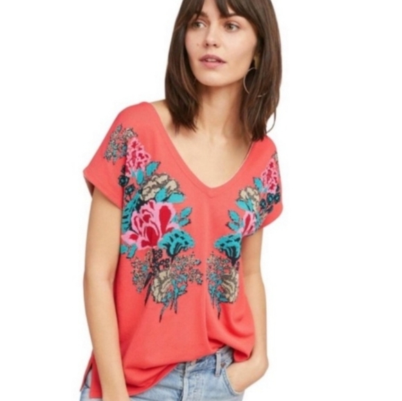 Anthropologie Aldo Martins Floral‎ V-Neck Sweater, Pink Coral, Size Small - Picture 1 of 9